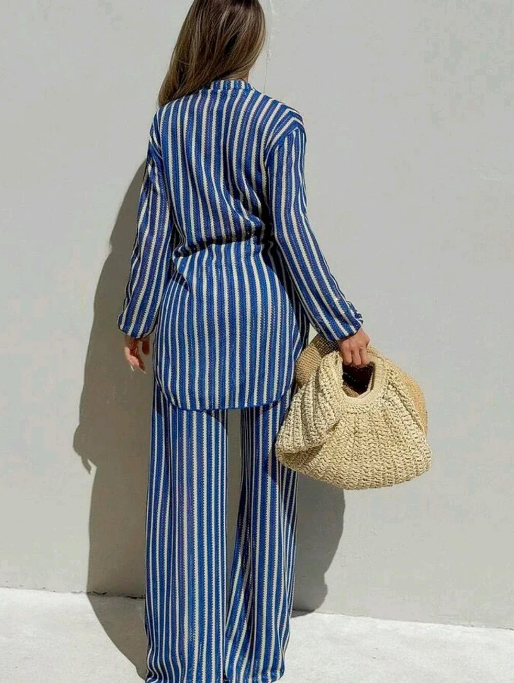 Striped Blue & White Wide-Leg Jumpsuit Set